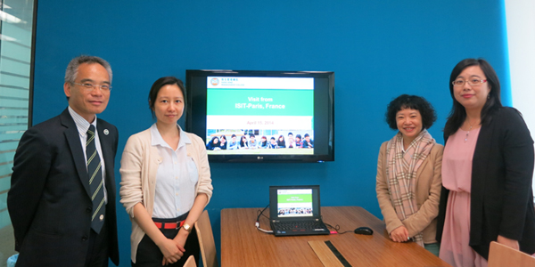 Ms. Sisi Yang from ISIT-Paris (second from left) joined Prof. Raymond So, Dean of School of Business and Chairperson of the Student Exchange Committee (far left); Dr. Janice Pan, Assistant Professor of the Department of Translation and a member of the Student Exchange Committee and Ms. Mary Ip, Manager, Student Exchange (second from right) for a meeting on exchange and collaboration matters. 