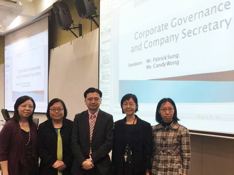 A group photo of the guest speakers and our teaching staff. (From left to right) Ms Betty Kwok, Ms Candy Wong (Director - Education and Examinations of HKICS), Mr Patrick Sung (Executive Director and Chief Financial Officer of Guangnan (Holdings) Limited), Dr Heather Lee and Dr Julia Liu