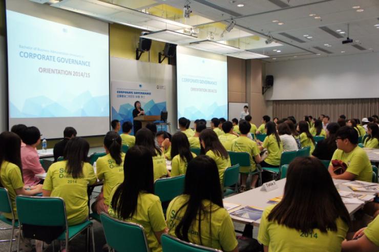 Dr Brossa Wong, BBA-CG Programme Director delivered welcome speech to the freshmen
