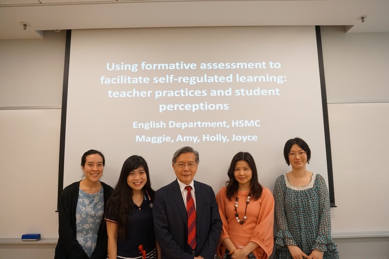 Group photo of Professor Luk, Dean of School of Humanities and Social Science and Head of Department of English, and speakers (From Left: Ms Joyce Lee, Dr Amy Kong, Professor Luk, Dr Holly Chung and Dr Maggie Ma)