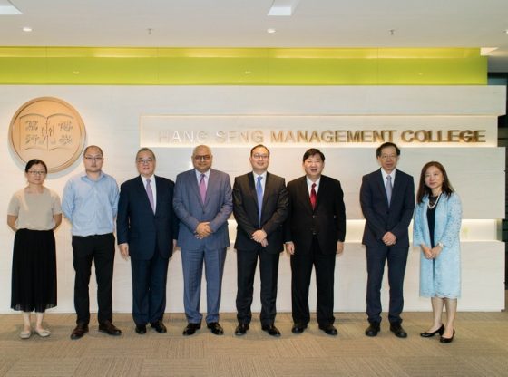 Dr Moses Cheng (3rd from left), Mr Rath Bhabani Sankar (4th from left), Mr Patrick Chan (4th from right), President Simon Ho (3rd from right), Vice-President Y V Hui (2nd from right) and representatives from Executive Development Centre and Department of Mathematics and Statistics