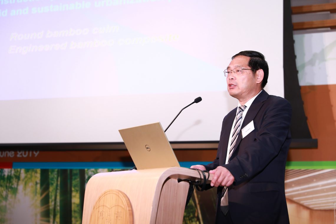 Deputy Director General of INBAR Professor Lu Wen-ming sharing in his keynote speech “Opportunities and Challenges for the Development of Global Bamboo Construction Industry”