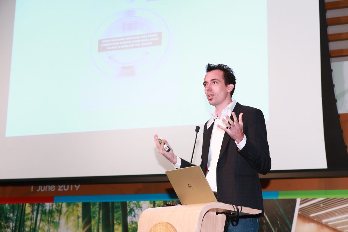 Assistant Professor of School of Architecture of CUHK Kristof Crolla sharing his experience of producing the Bamboo Pavilion at Zero Carbon Building in Kowloon Bay