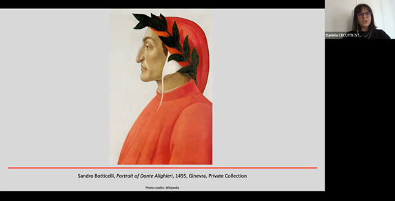 Dr Daniela showing the portrait of Dante Alighieri