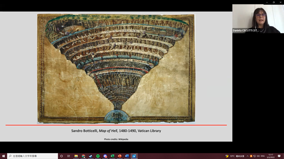 Dr Daniela introduces the audience to the Map of Hell by Sandro Botticelli.