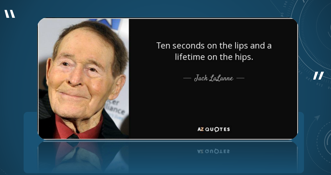 關先生分享了美國健身創建之父傑克．拉蘭（1914-2011）的雙語健身片段，以及他的格言── 唇上享受十秒鐘，臀上增磅一生中 （不要縱情吃喝）