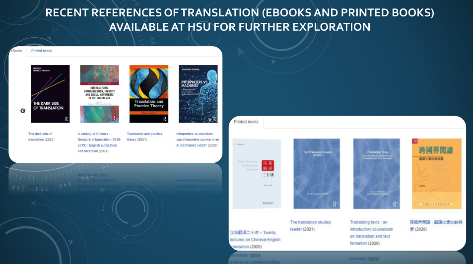 HSUHK’s library has a big collection of books (e-books and printed books) about translation.