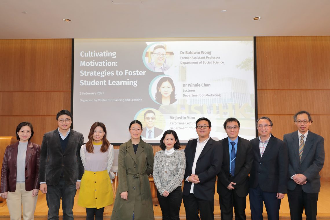 (From the right) Prof Hui Yer-van, Dr Ben Cheng and the seven recipients of the HSUHK Teaching Excellence Awards (2021/22).